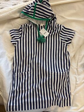 Crewcuts Navy and White Striped Hooded Terry Tunic with Green Trim